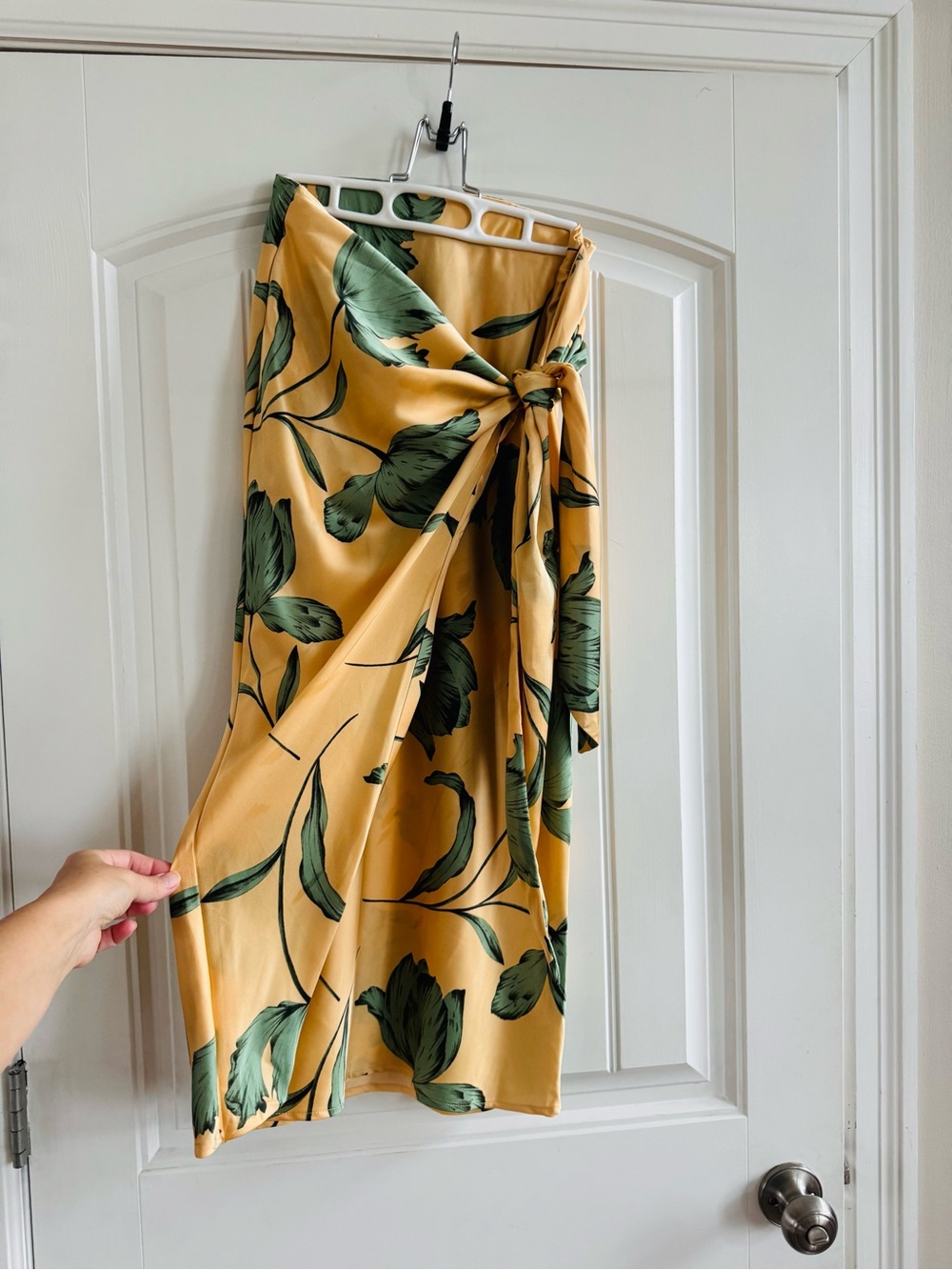 Yellow Floral Faux Wrap Skirt with Green Leaf Print